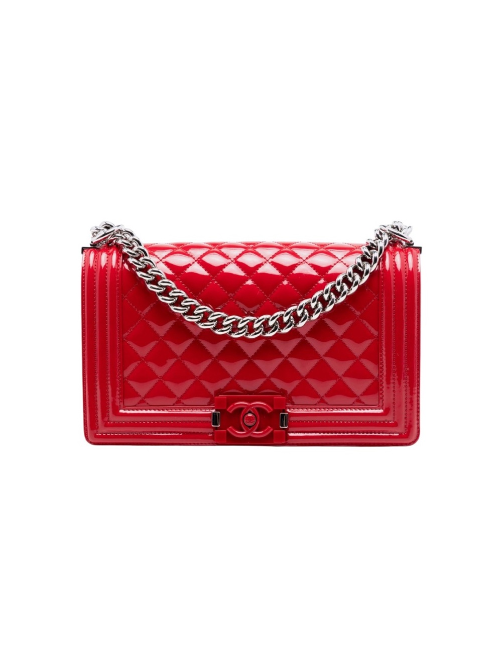 CHANEL Patent Quilted Medium Plexiglass Boy Flap Red
